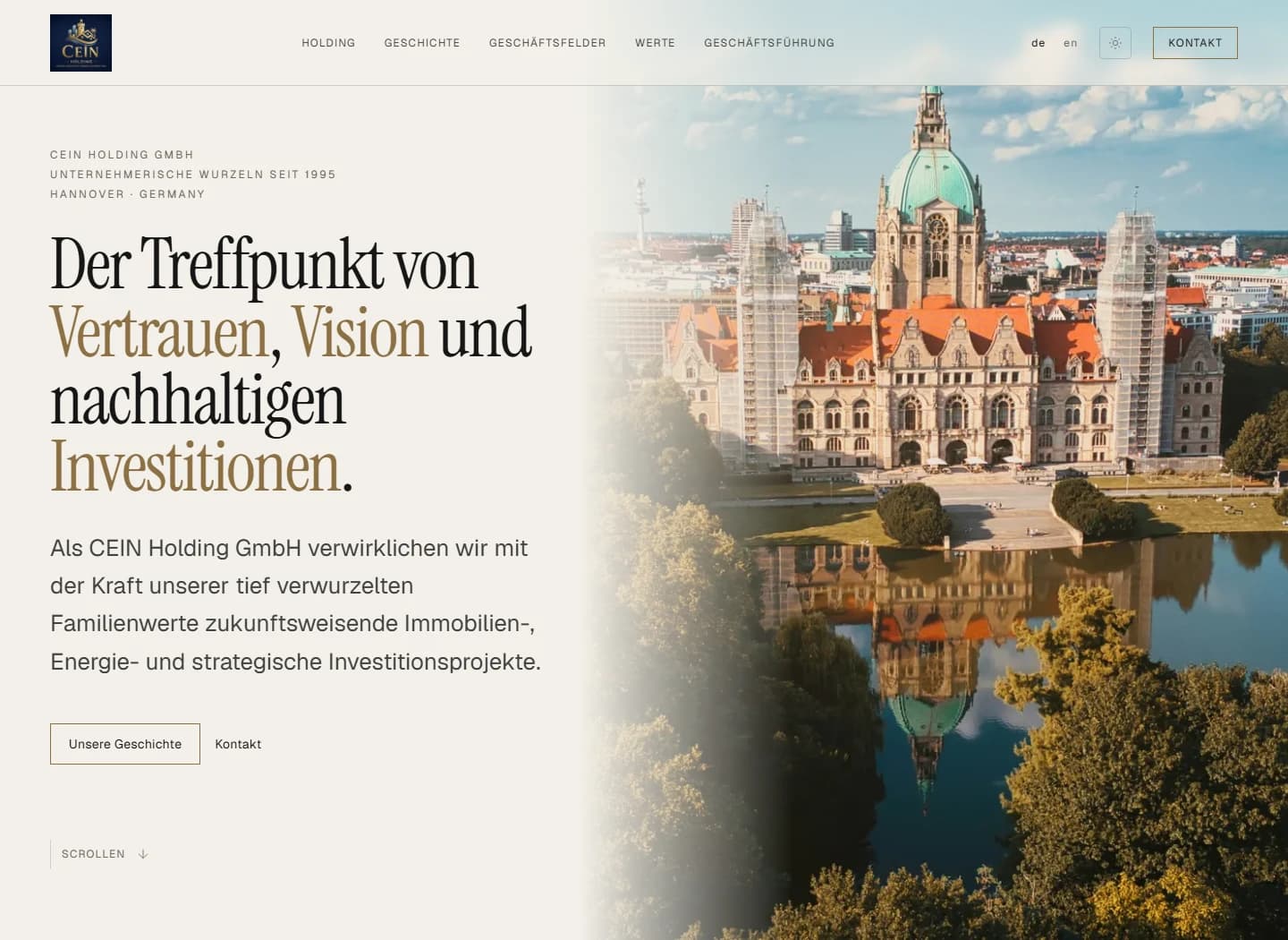 Startseite der CEIN Holding mit Unternehmenspositionierung und dem Neuen Rathaus Hannover