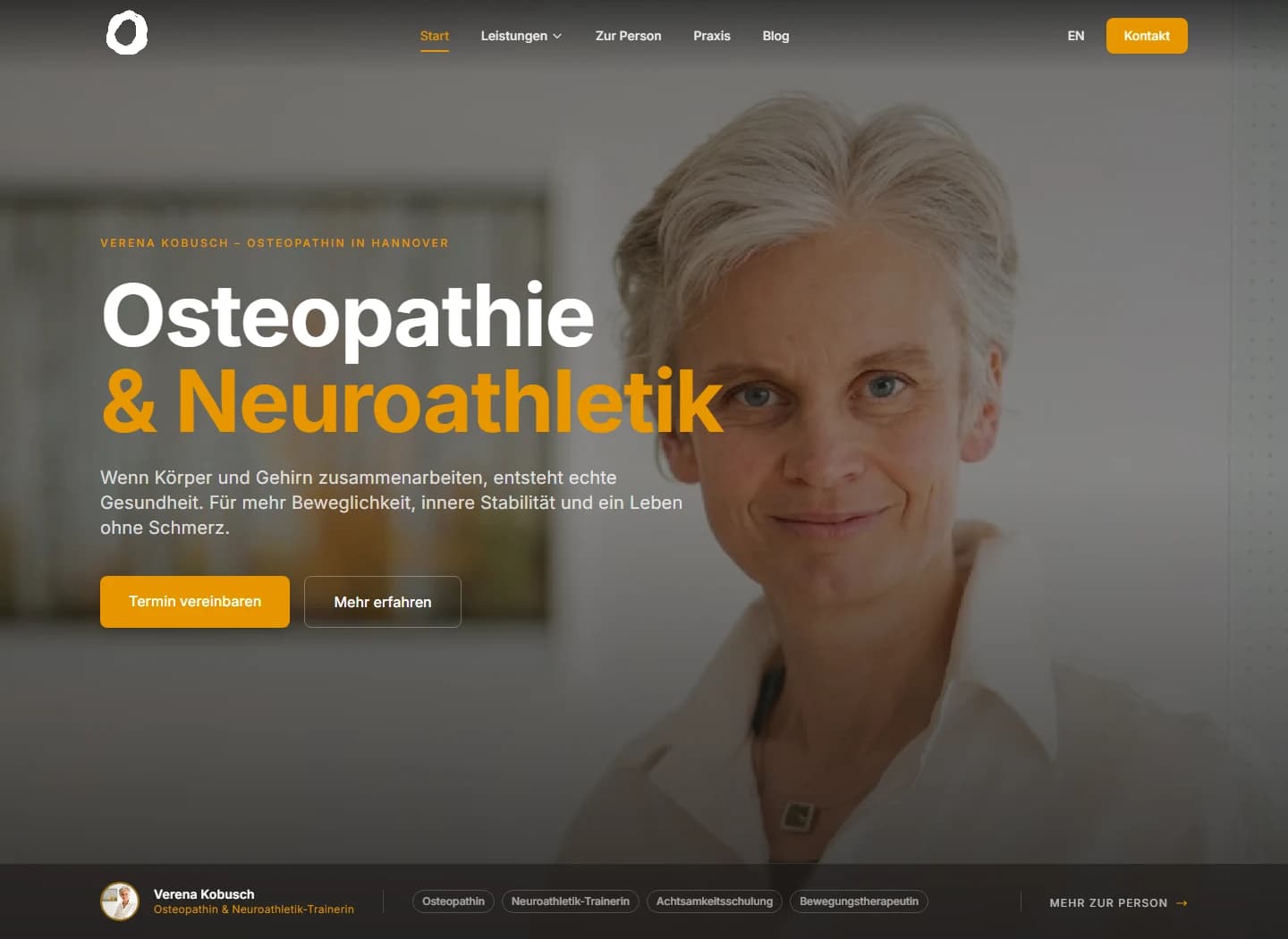 Startseite von Verena Kobusch mit Porträt und den Leistungen Osteopathie und Neuroathletik